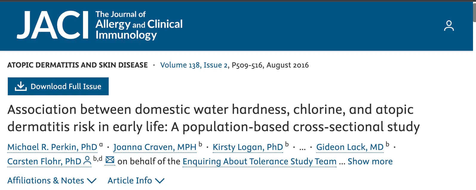 JACI research: Association between domestic water hardness, chlorine, and atopic dermatitis risk in early life