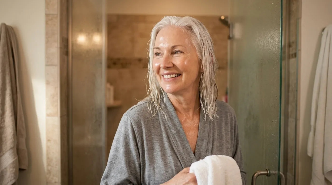 Senior woman stepping out of the shower, glowing and relaxed