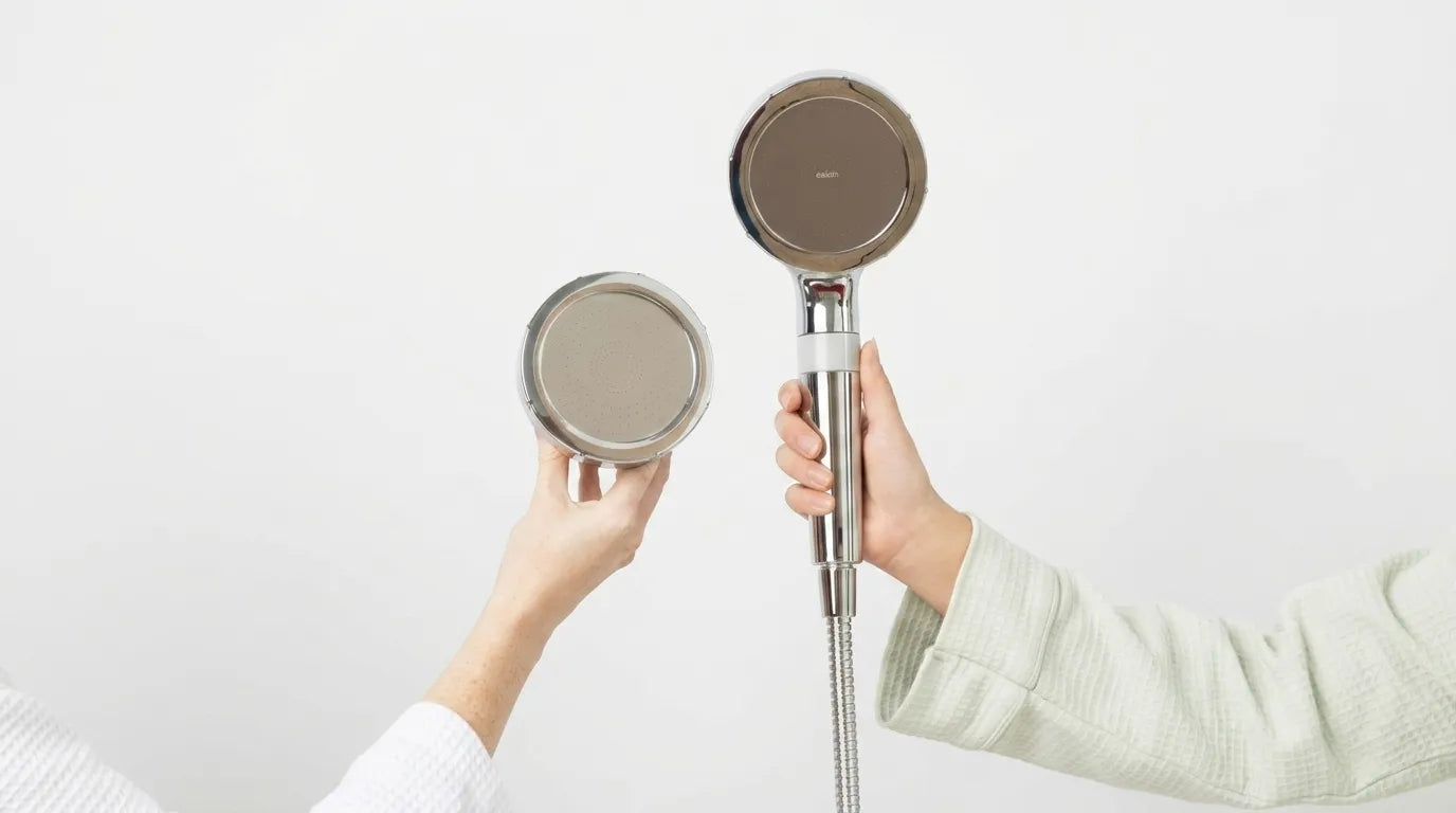 Wall mount and handheld eskiin showerheads side by side