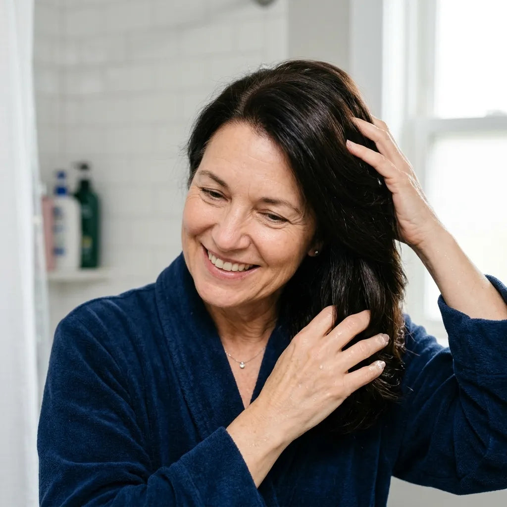 55+ woman's hair looking visibly healthy and shiny