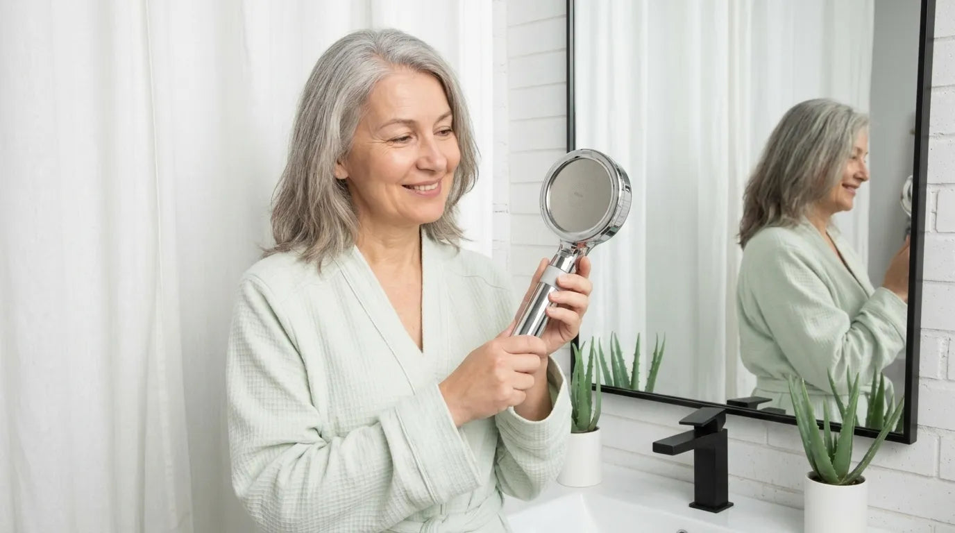 Senior holding the eskiin showerhead in one hand