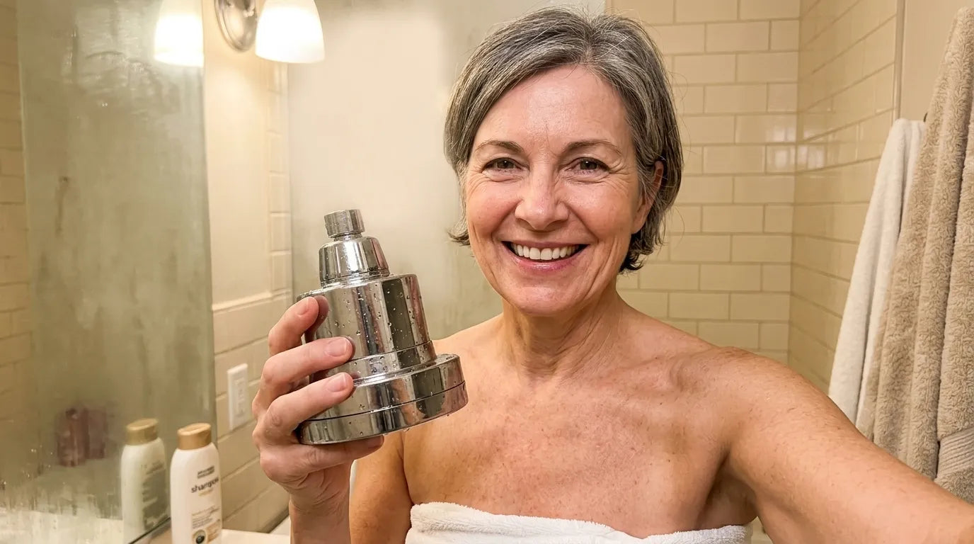 55+ woman with the eskiin showerhead, UGC-style